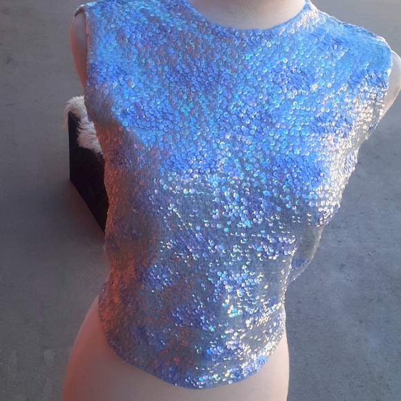 Vintage Tops - VTG 60s Hand Beaded Blue Sequin Wool Party Evening blouse sleeveless Top S M